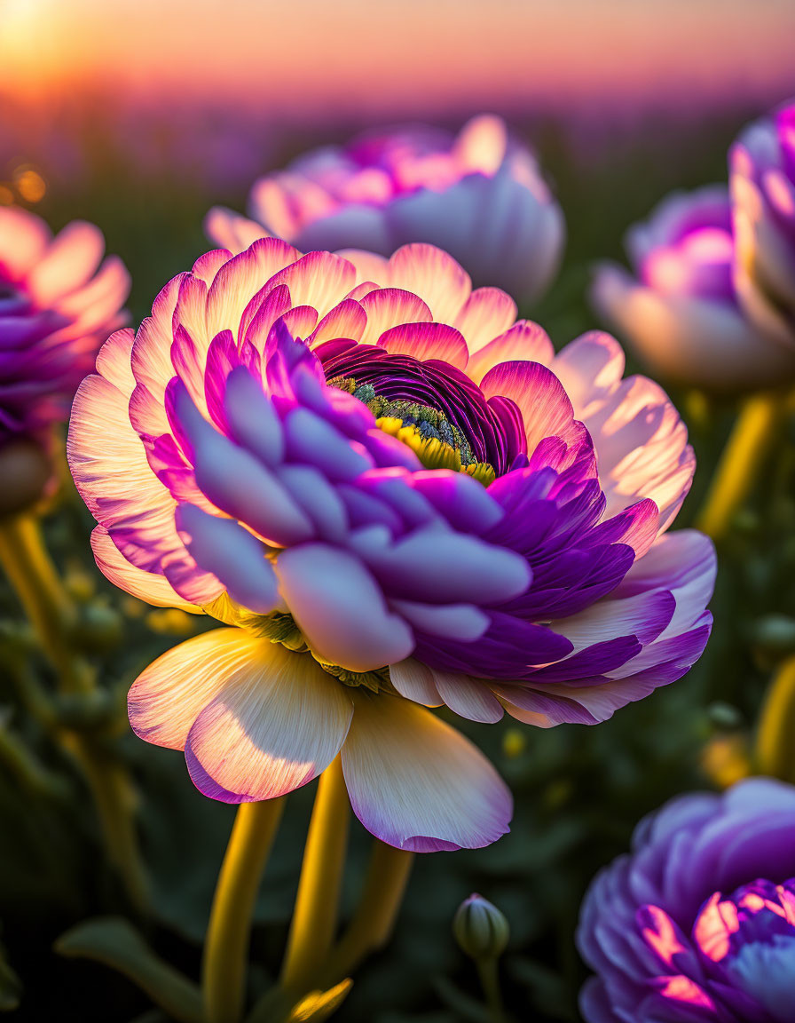 Vibrant purple and white flowers with yellow centers in warm sunset light