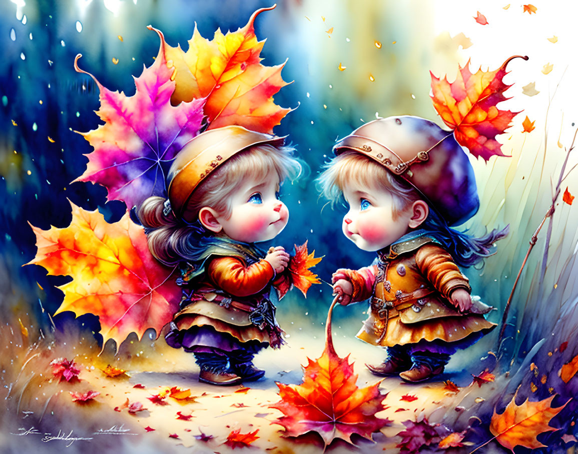 Animated children in autumnal attire under falling leaves - vibrant colors and whimsical atmosphere