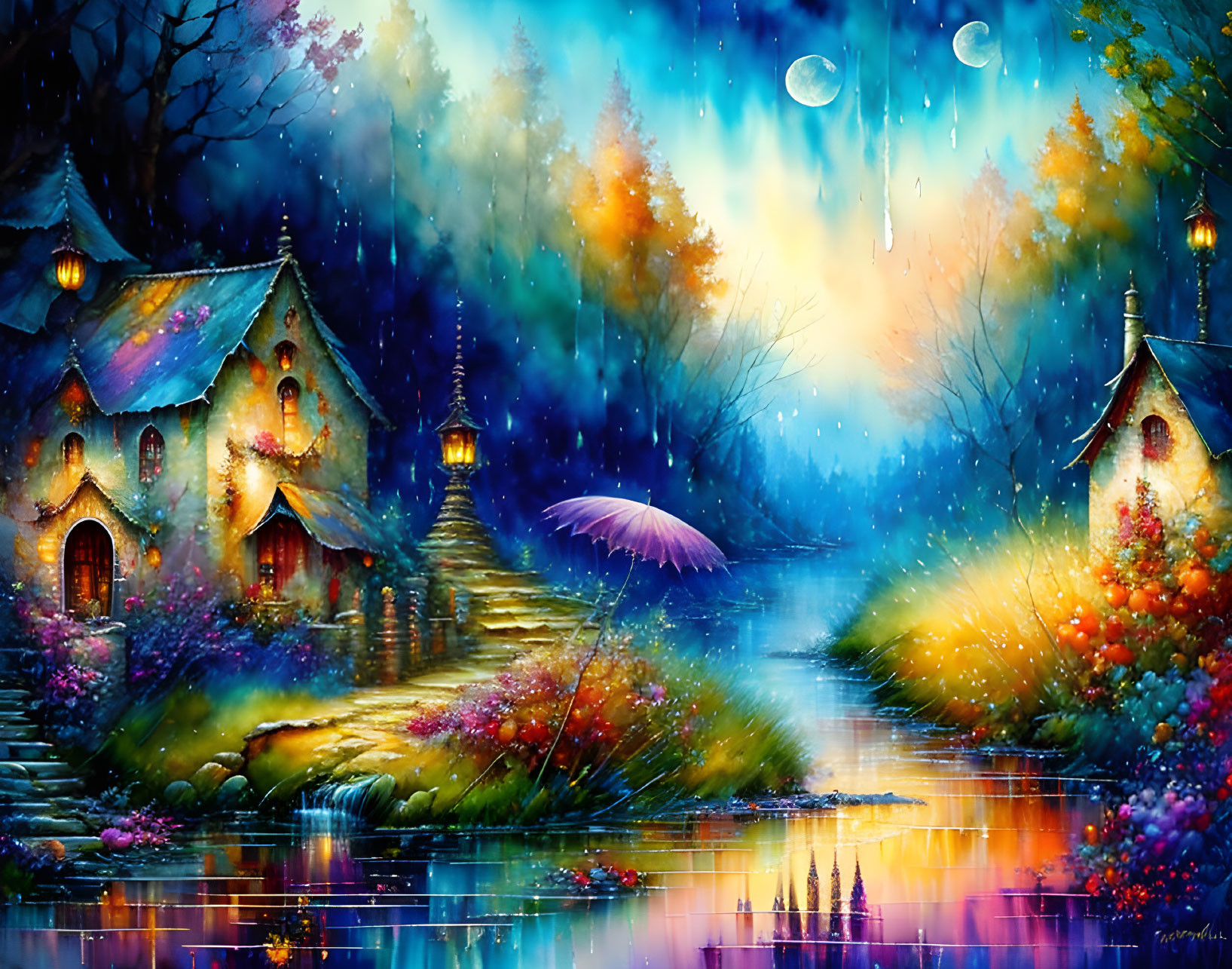 Colorful fantasy landscape with cottages, river, moons & glowing lights