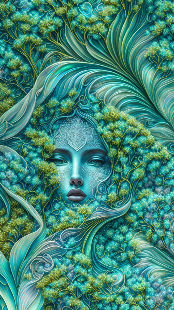 Surreal digital artwork of woman's face in blue-green foliage