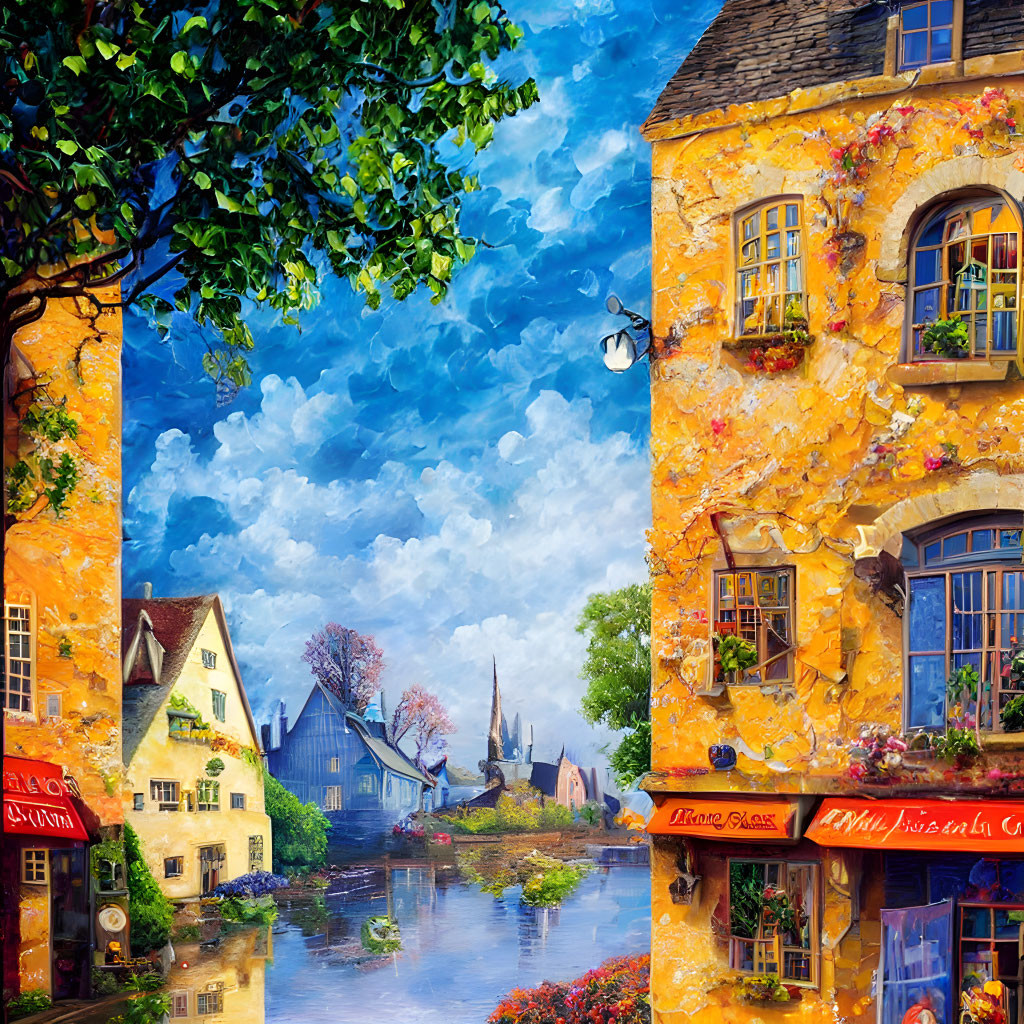 Charming European village: yellow buildings, blooming flowers, river, blue sky