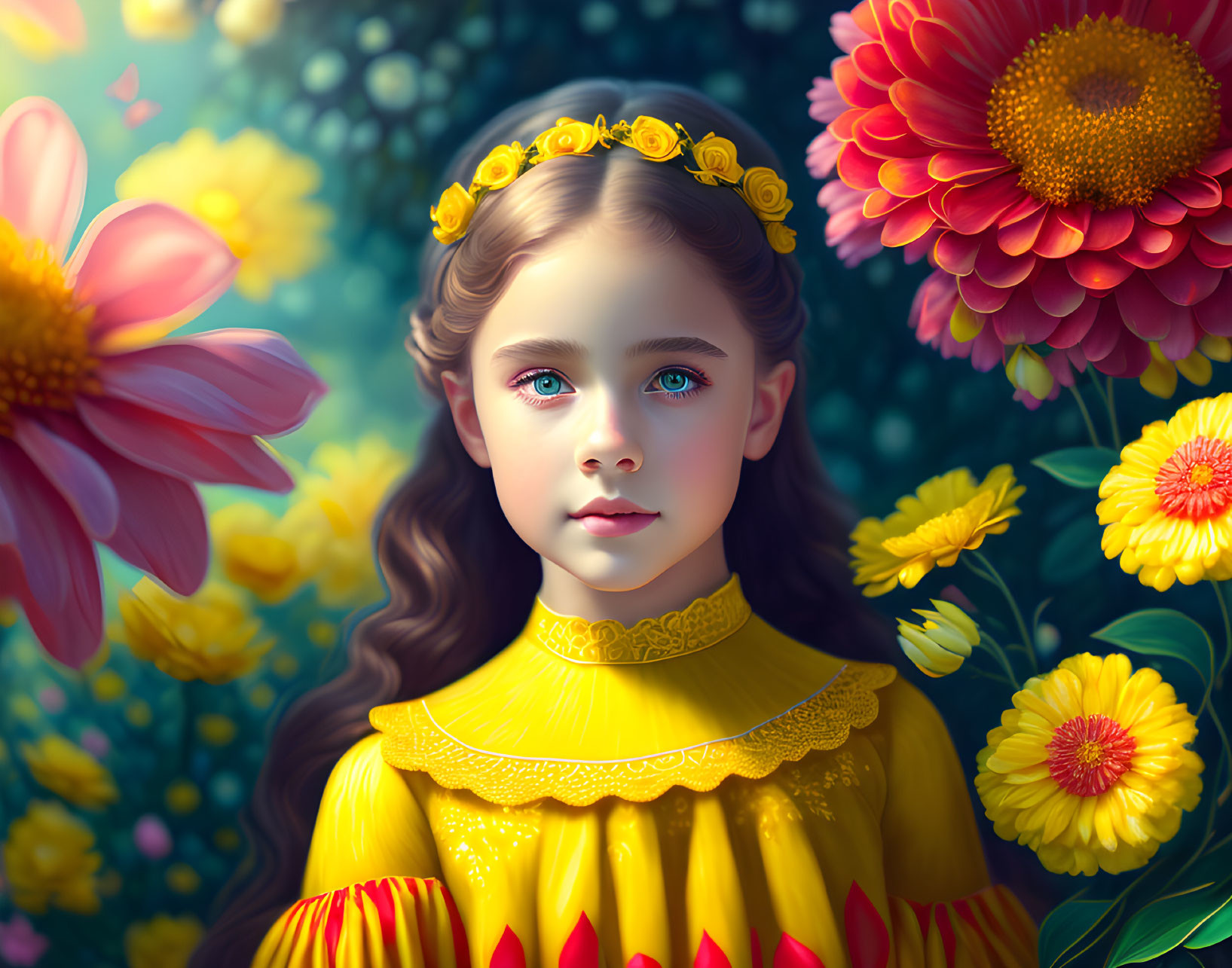 Young girl with blue eyes and curly brown hair in yellow floral crown and ruffled dress among vibrant garden