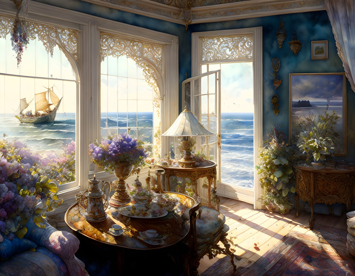 Luxurious Room with Sea View and Tea Table