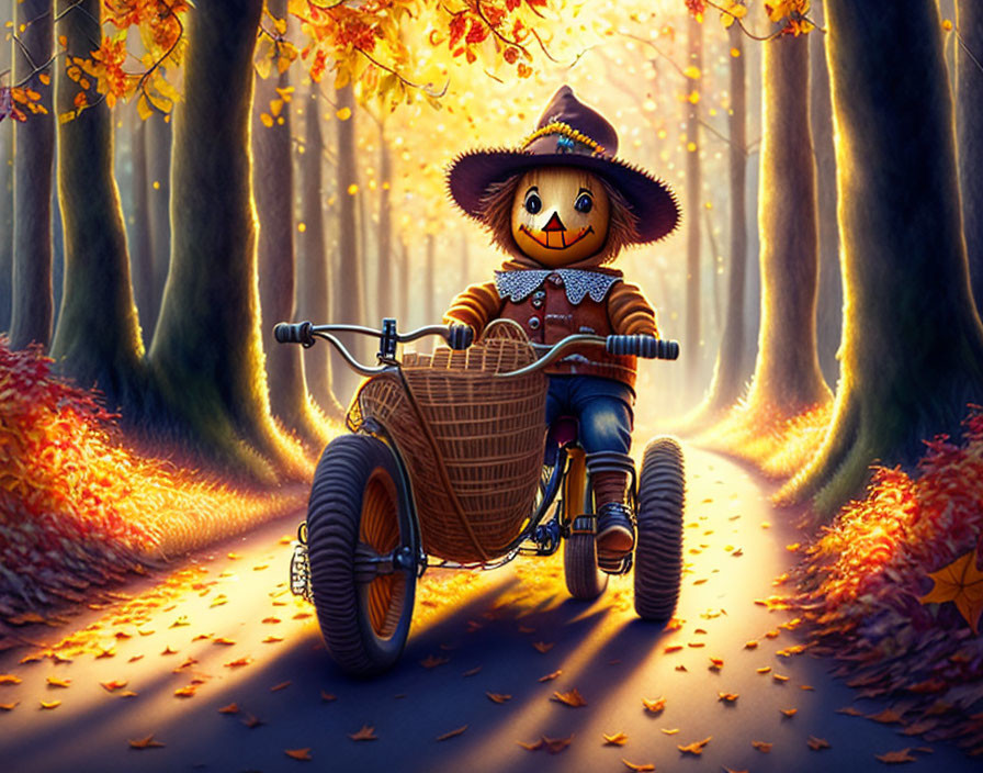 Smiling scarecrow on tricycle in autumn forest