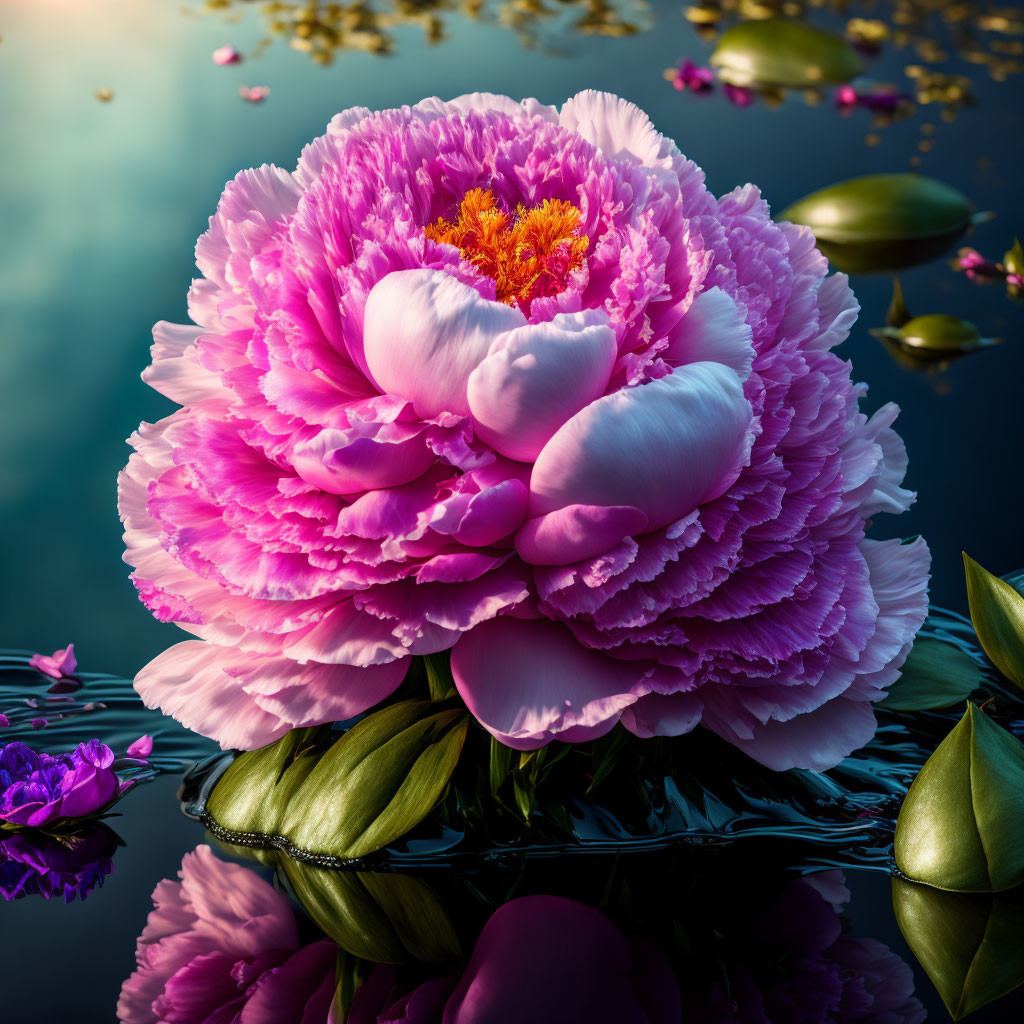 Pink peony with ruffled petals above dark water, surrounded by green leaves.