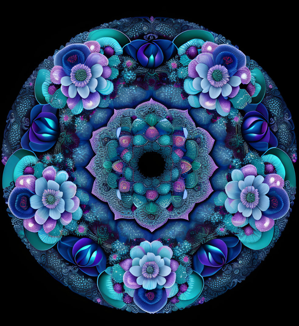 Intricate Floral Fractal Image with Blue, Purple, and Pink Patterns