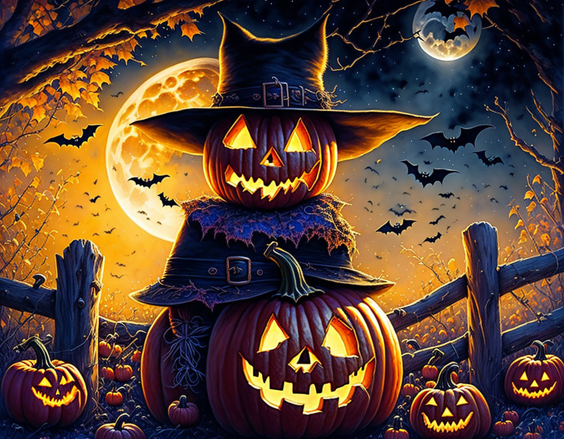 Spooky Halloween scarecrow with pumpkin head in moonlit night