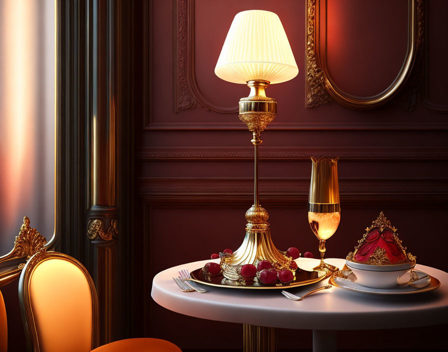 Sophisticated interior with table lamp, champagne flute, fruits, vintage tableware.