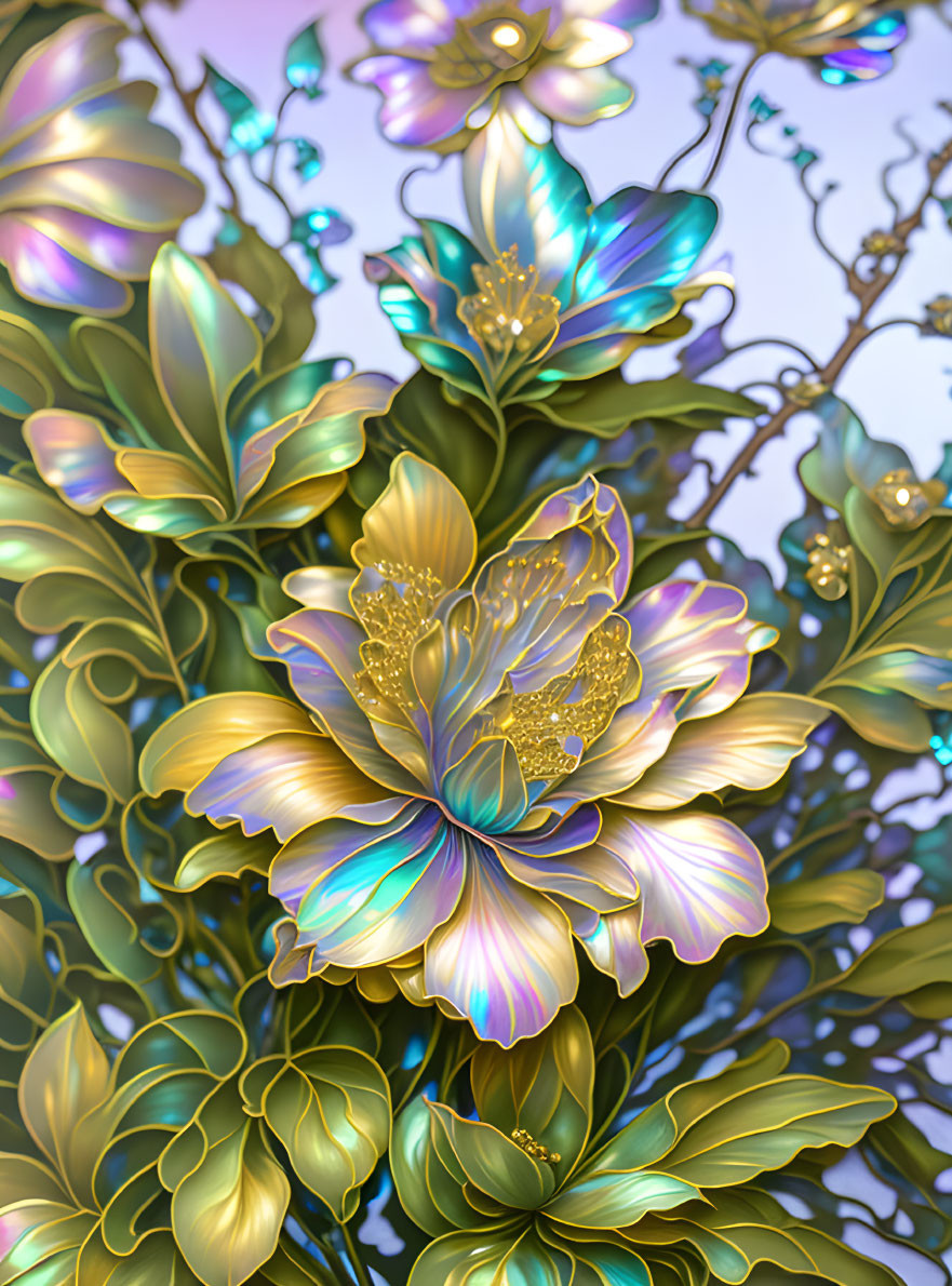 Iridescent metallic flower and leaf cluster on purple background