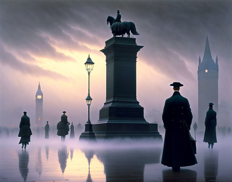 Silhouetted figures and horse statue in foggy London scene