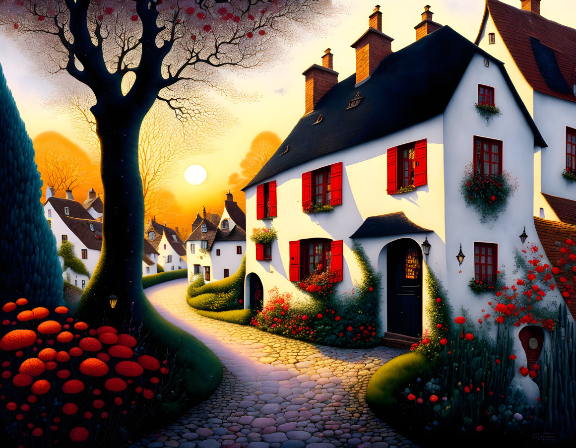 Picturesque Sunset Village with White Houses & Blooming Trees