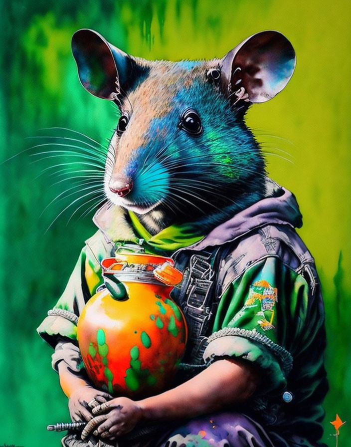 Colorful anthropomorphic mouse in green hoodie holding orange jar