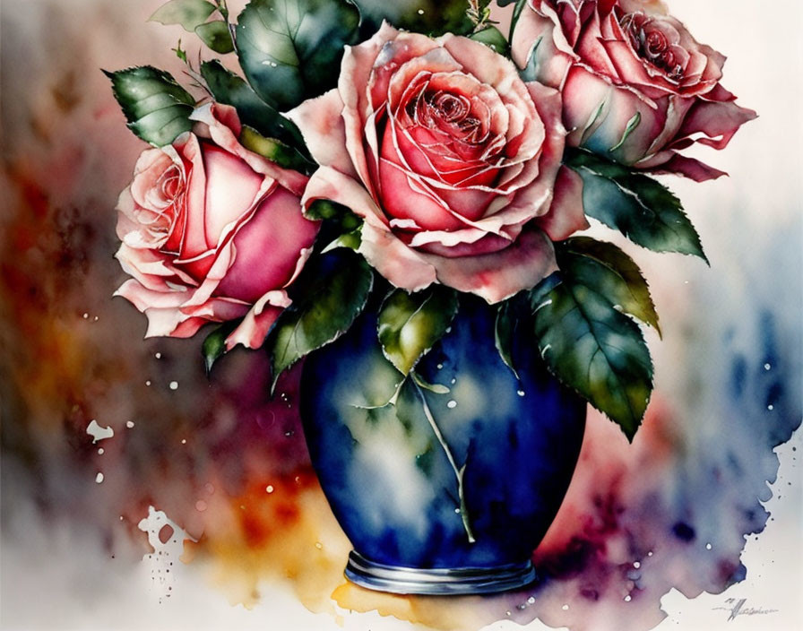 Pink Roses in Blue Vase Watercolor Painting with Blurred Background