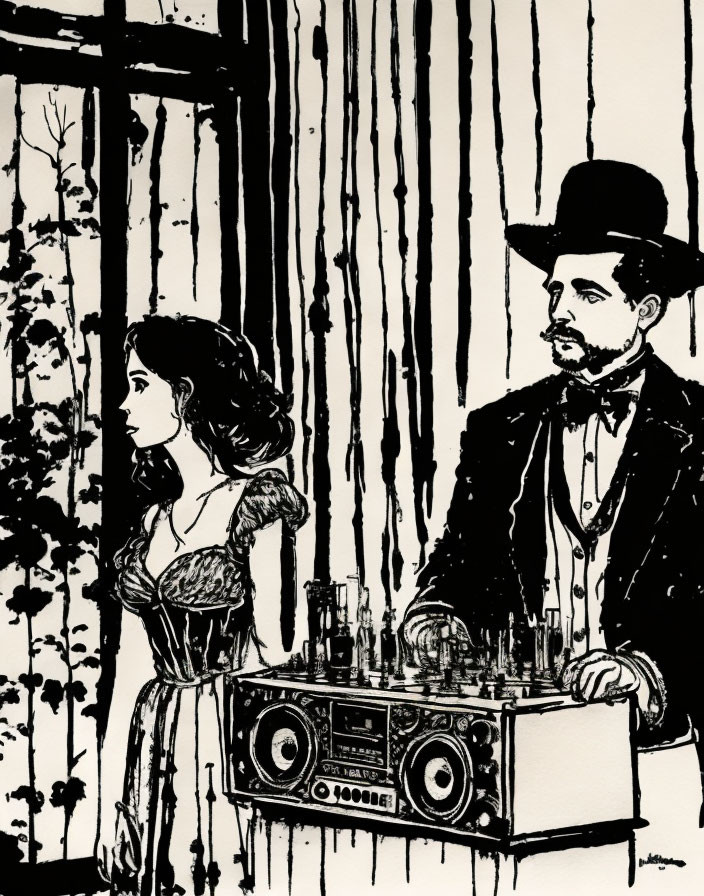 Victorian-era couple with modern boombox in monochrome style