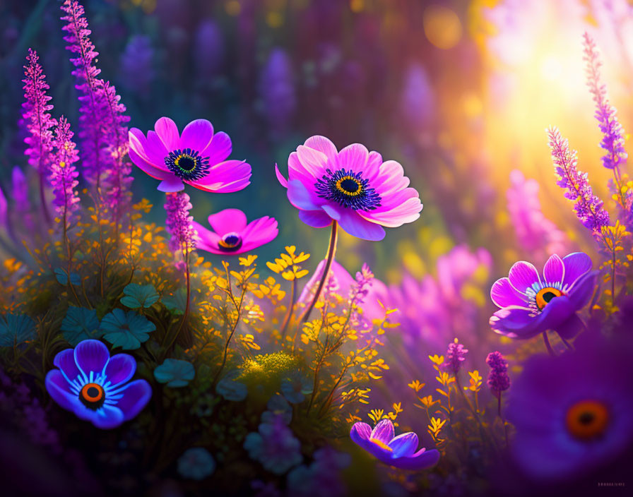 Colorful Purple and Pink Flowers in Sunlit Natural Setting