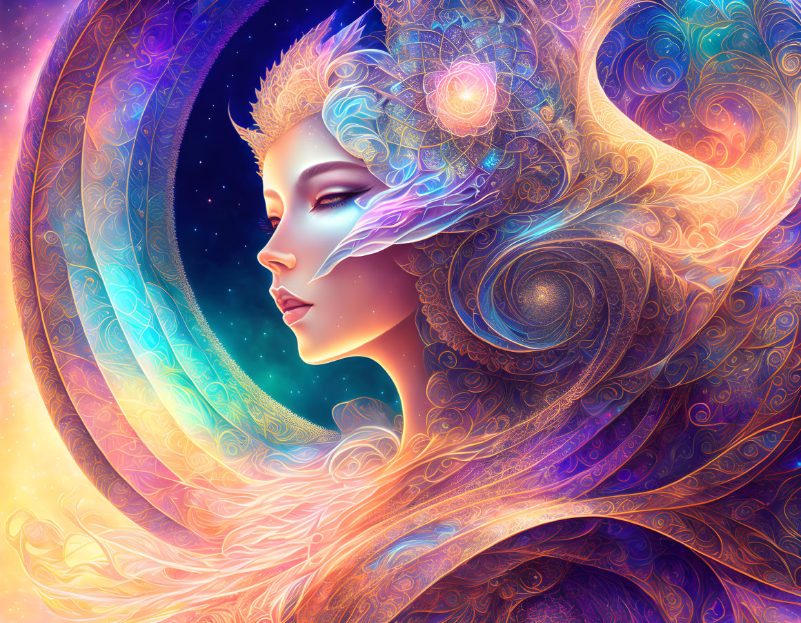 Colorful digital art: Woman with cosmic headdress in galaxy background