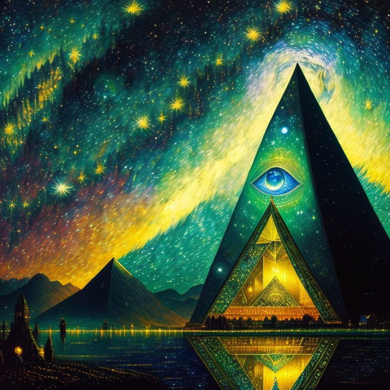 Colorful Pyramid with Eye Reflection in Water Under Starlit Sky