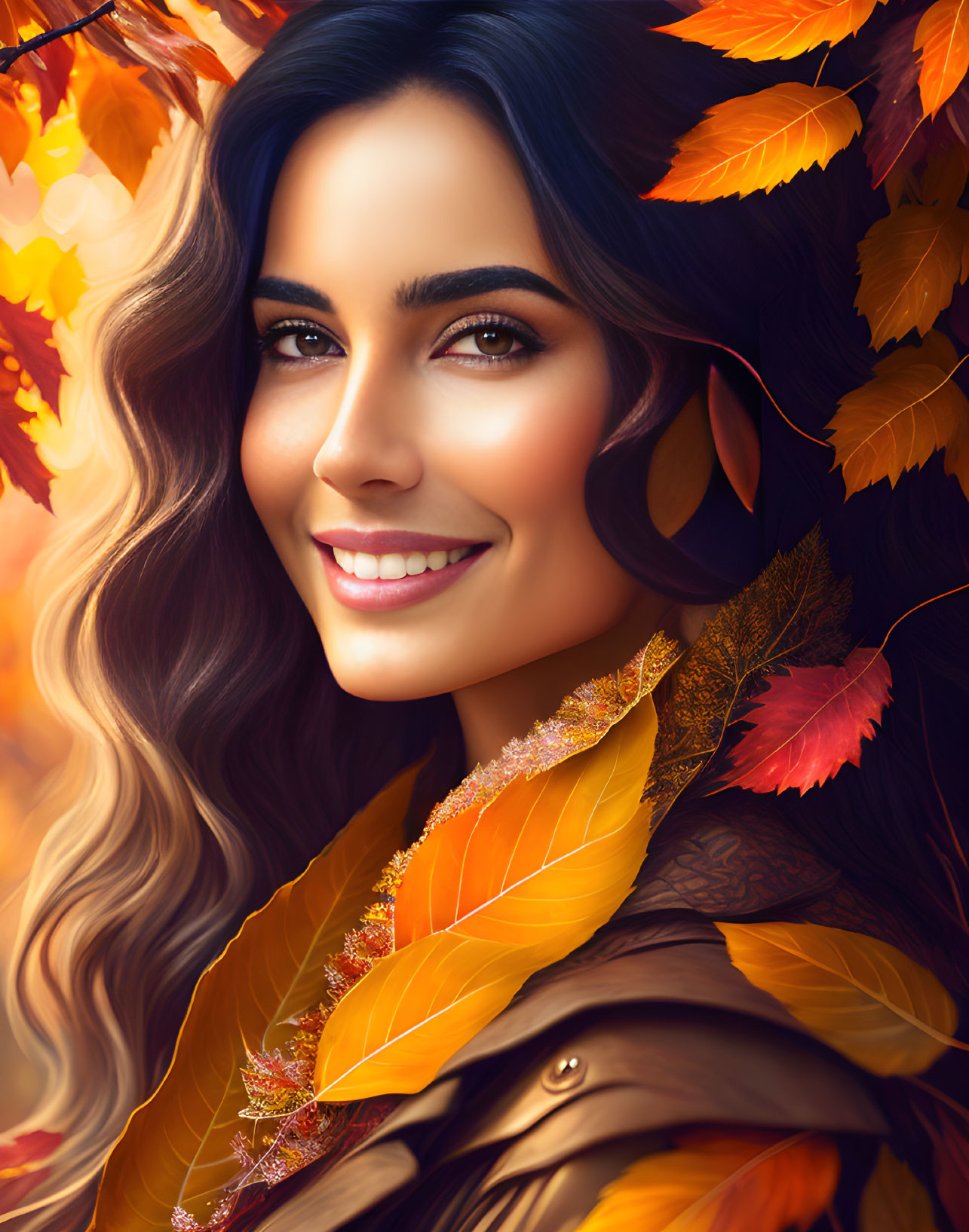 Smiling woman portrait with dark hair and autumn leaves background