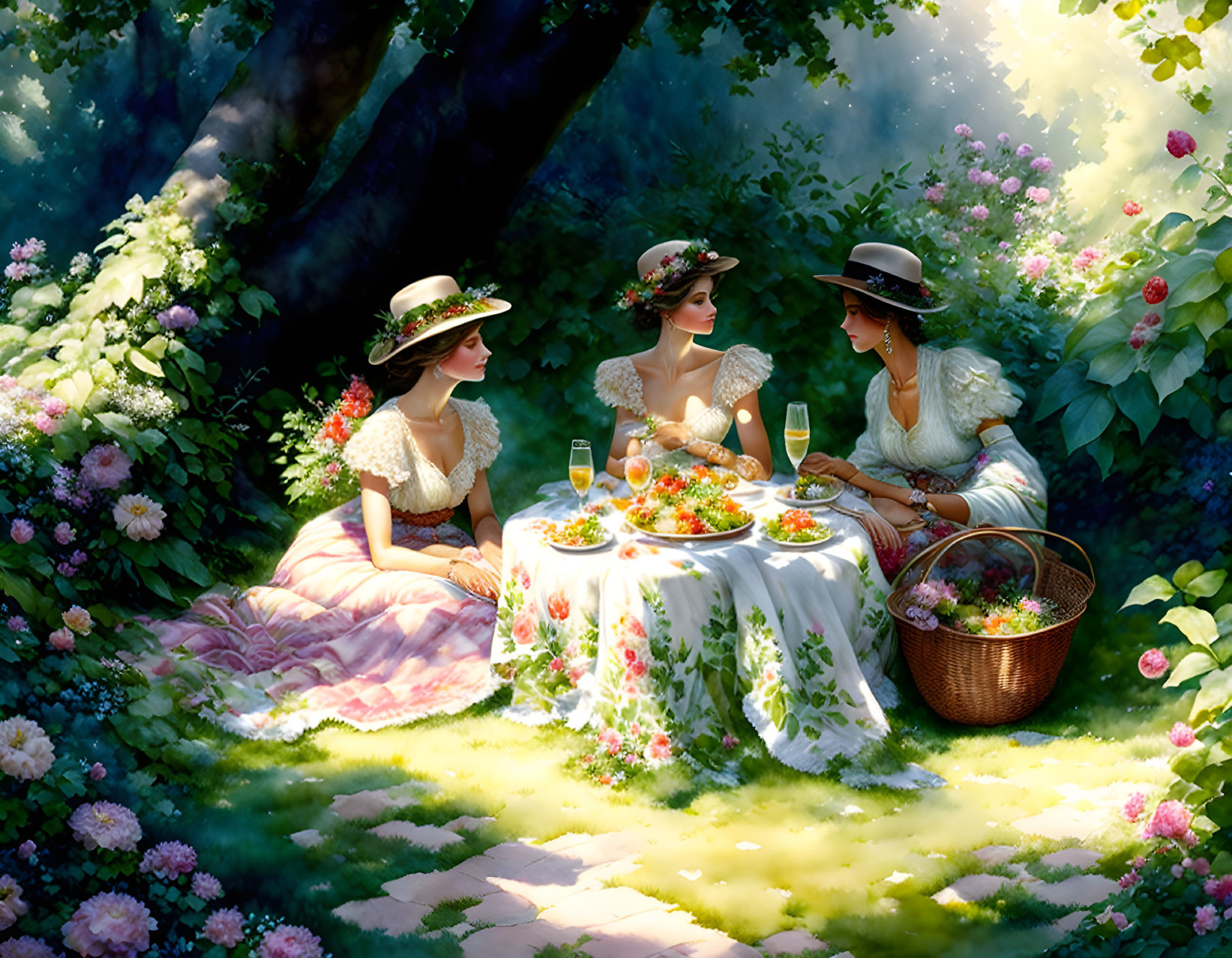 Vintage Dresses Picnic Scene with Three Women, Basket, Fruits, Wine, and Flowers