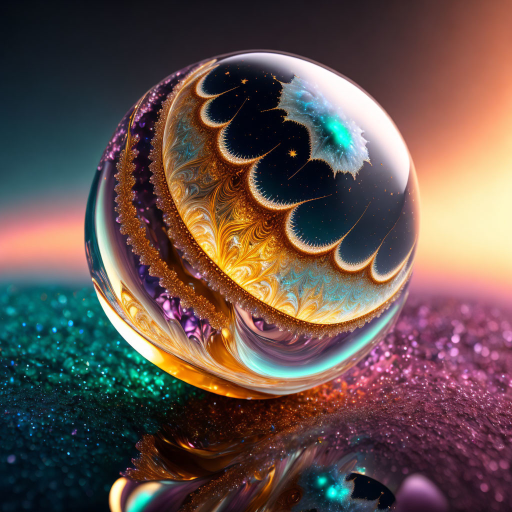 Colorful fractal sphere with gold and blue patterns on glittering surface