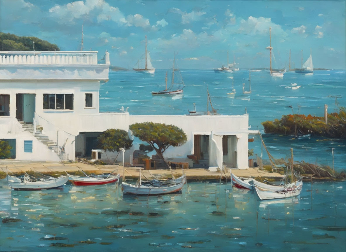 Coastal scene with white buildings, moored boats, and sailboats on blue water