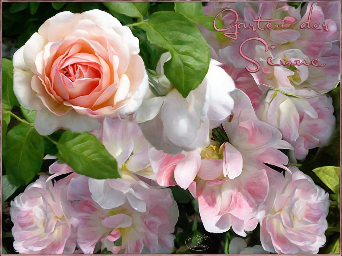 Pastel-toned image of blooming rose and pink flowers with "Garten der Sinne