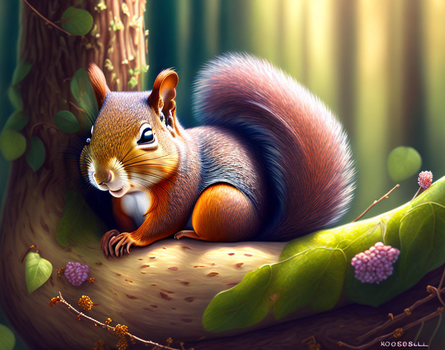 Colorful squirrel on leaf with forest background and sunlight