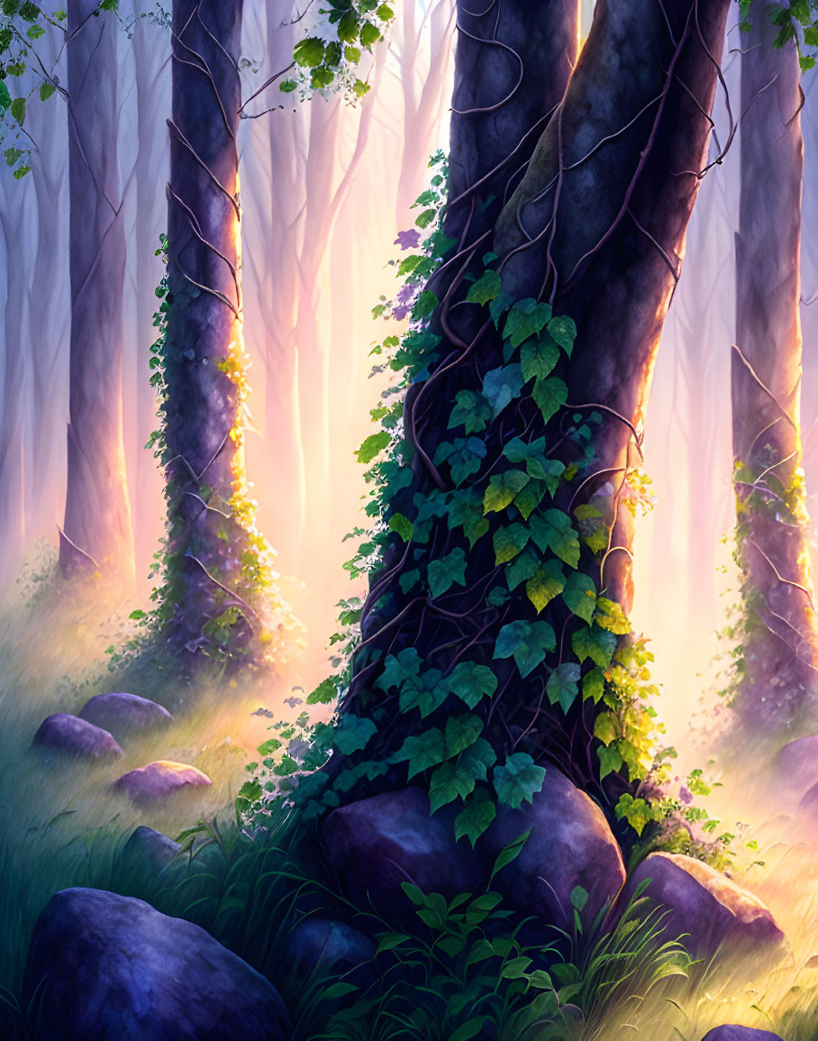 Enchanting forest scene with sunlight, green foliage, ivy-clad trees, and rocks