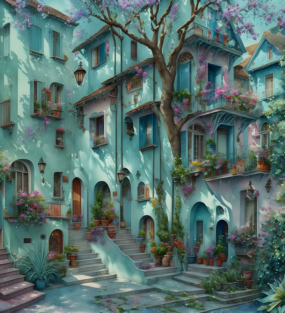 European-style buildings with pastel blue facades and pink flowers under a leafy tree on cobble