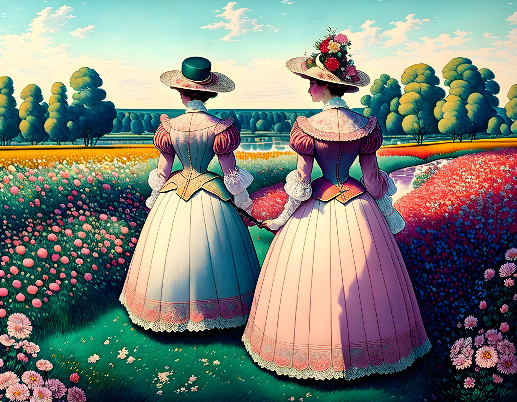 Victorian women in dresses in colorful flower field with trees and clear sky