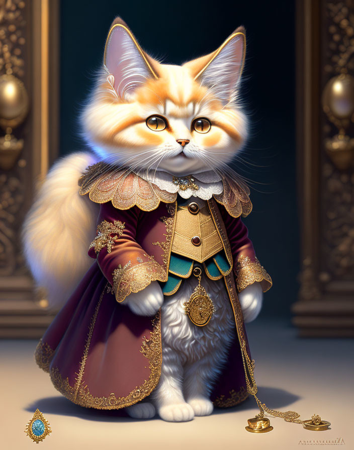 Regal Cat in Purple and Gold Renaissance Jacket on Dark Background