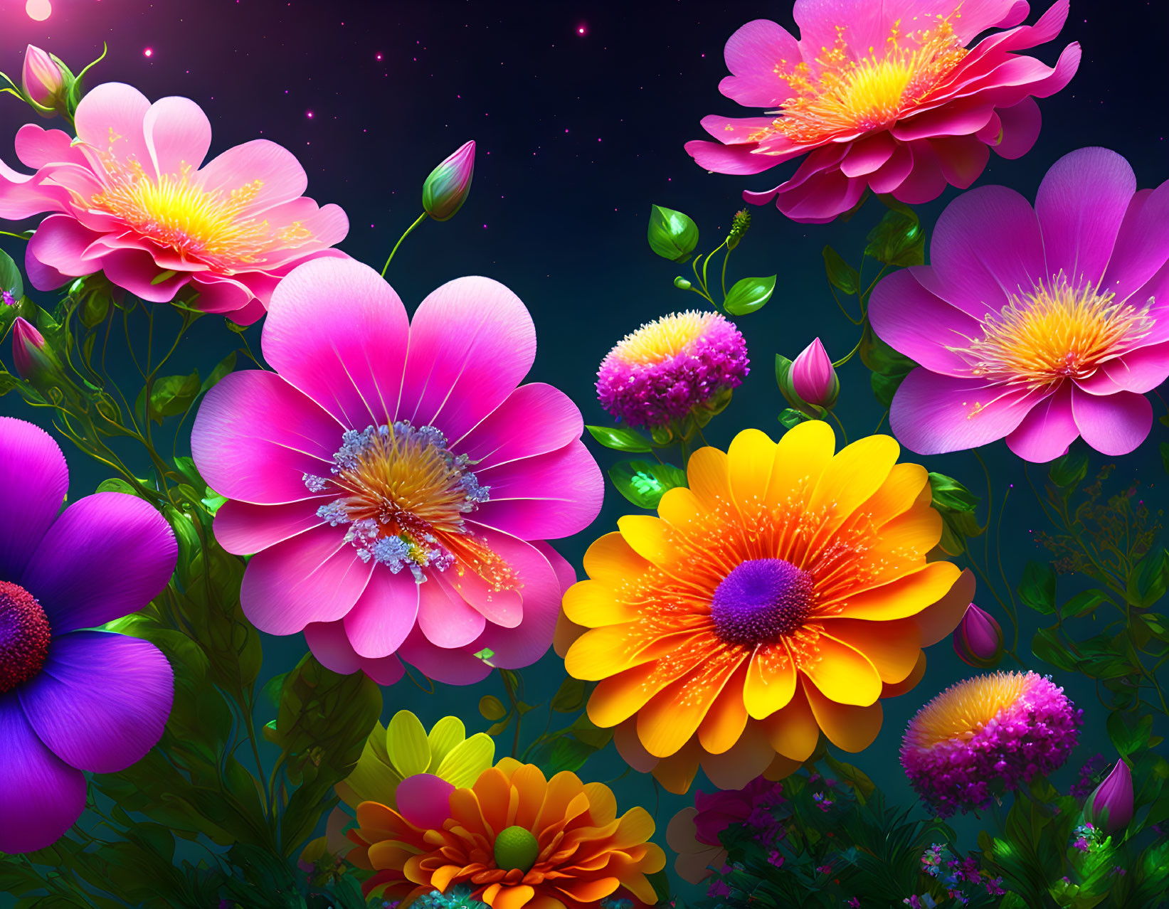 Colorful Blooming Flowers on Starry Night Sky Background