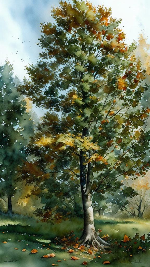 Autumn-themed watercolor painting of a lush tree and misty background