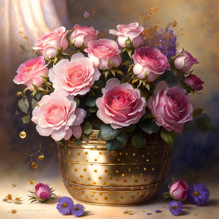 Realistic painting of golden vase with pink roses and purple flowers