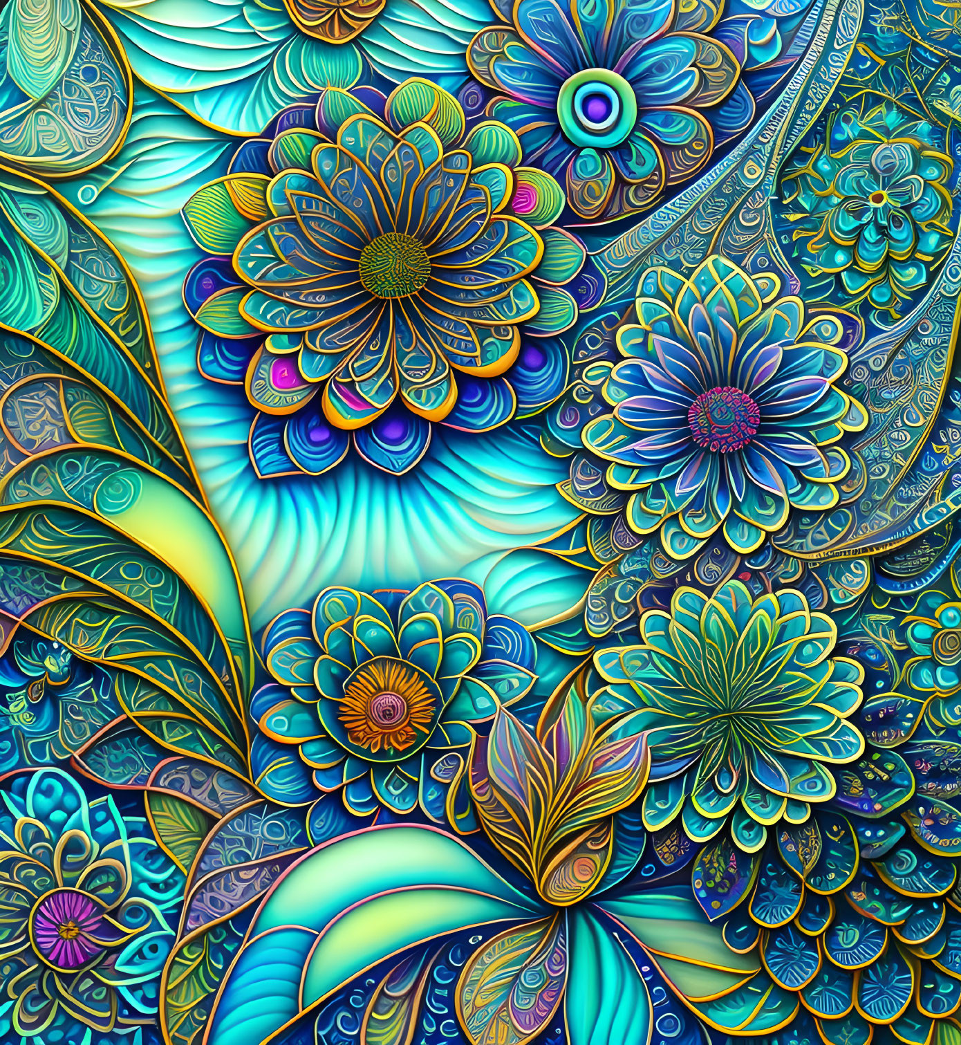 Colorful digital art: intricate floral & paisley patterns in blues, greens, & purples