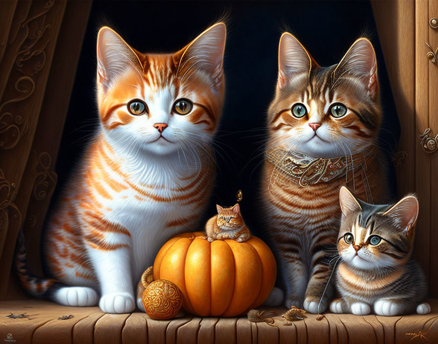 Realistic illustrated cats with detailed patterns beside a pumpkin in decorative frame