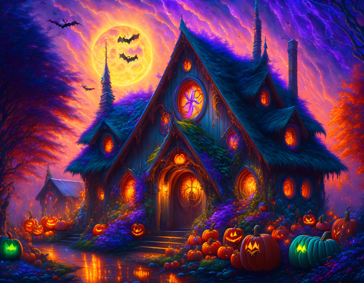 Spooky Halloween cottage with pumpkins, glowing windows, bat silhouette, full moon.