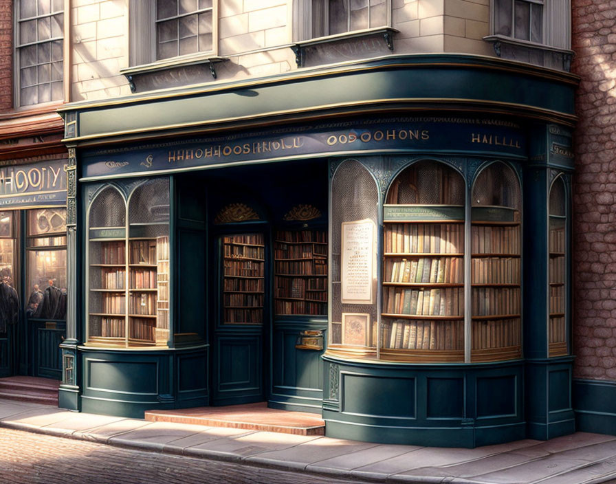 Illustration of old-fashioned bookstore with curved front and large windows.