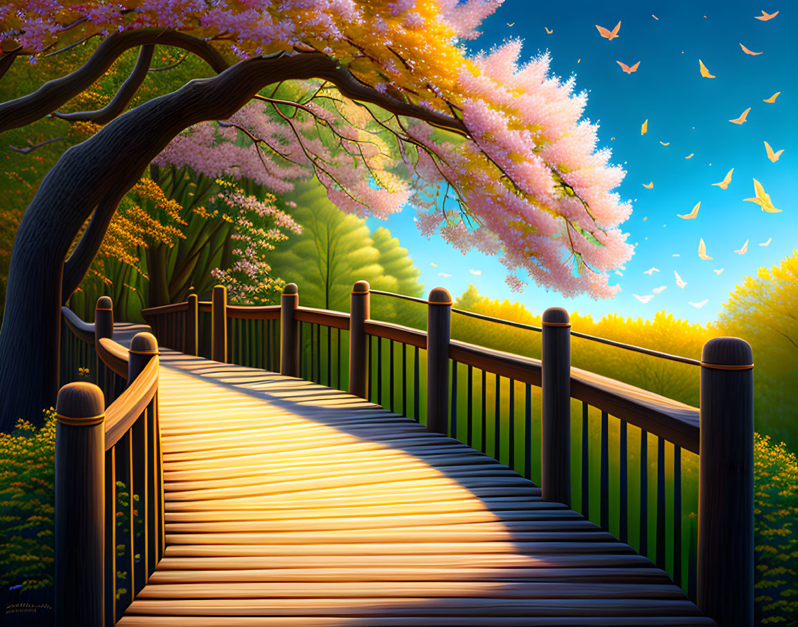 Tranquil wooden bridge surrounded by cherry blossoms and butterflies