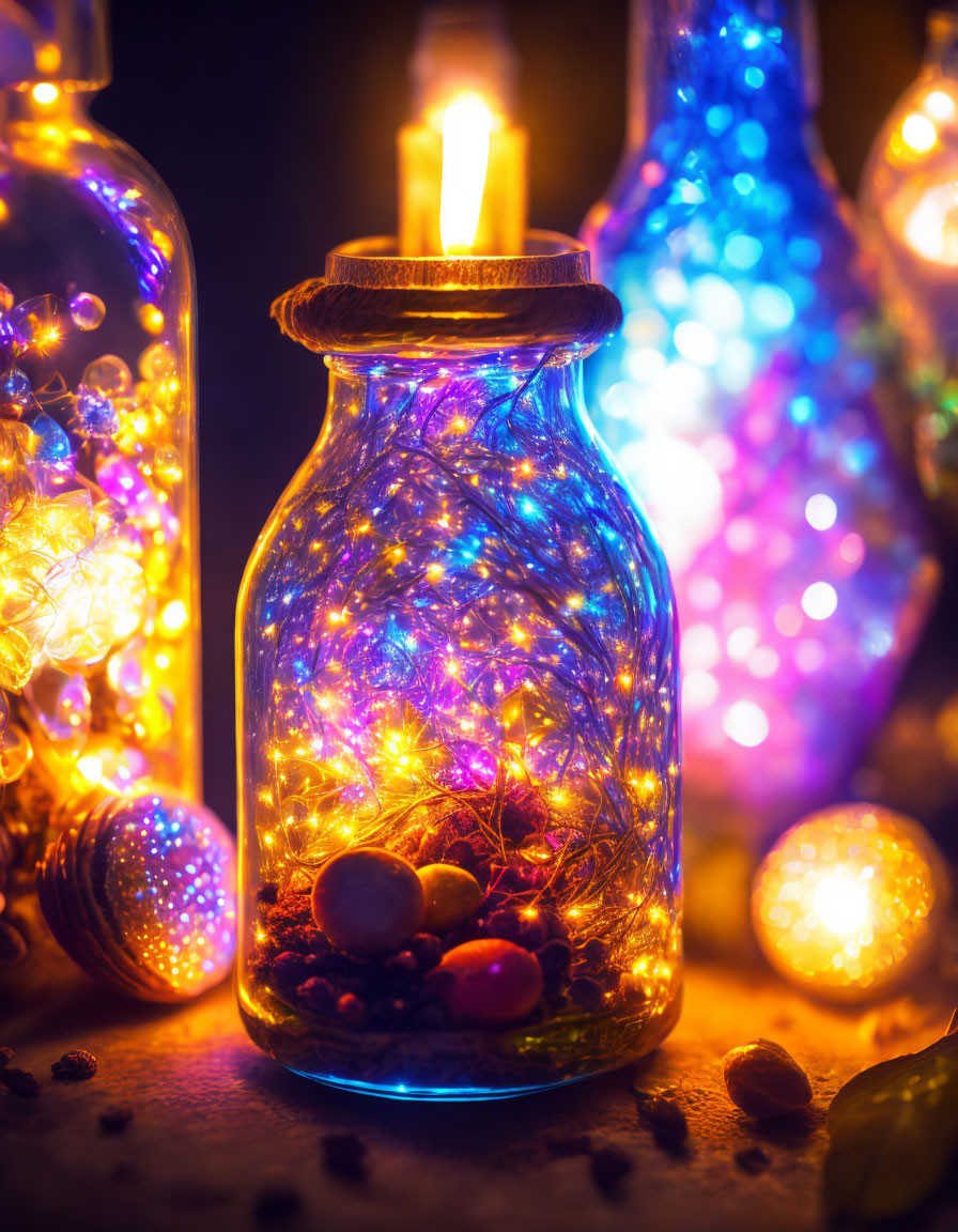 Multicolored Fairy Lights in Glass Jar with Candlelight