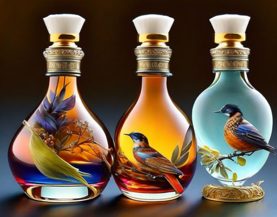 Ornate bird and plant motif bottles with amber liquid on dark background