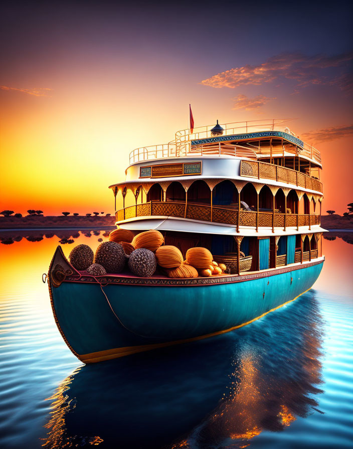 Multi-deck boat with round objects on calm waters at sunset