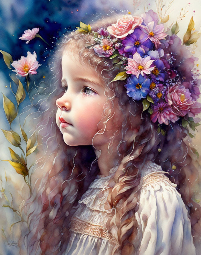 Young girl with curly hair wearing floral crown in colorful painting