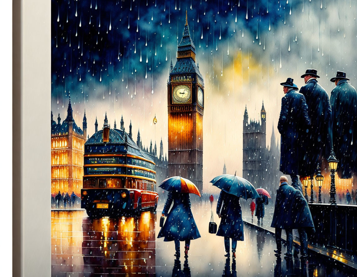 Rainy Evening Scene with People, Big Ben, and Red Double-Decker Bus