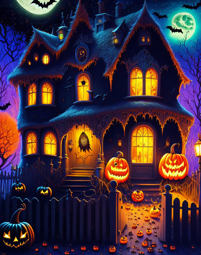 Spooky Halloween-themed illustration with haunted house, jack-o'-lanterns, full moon, bats