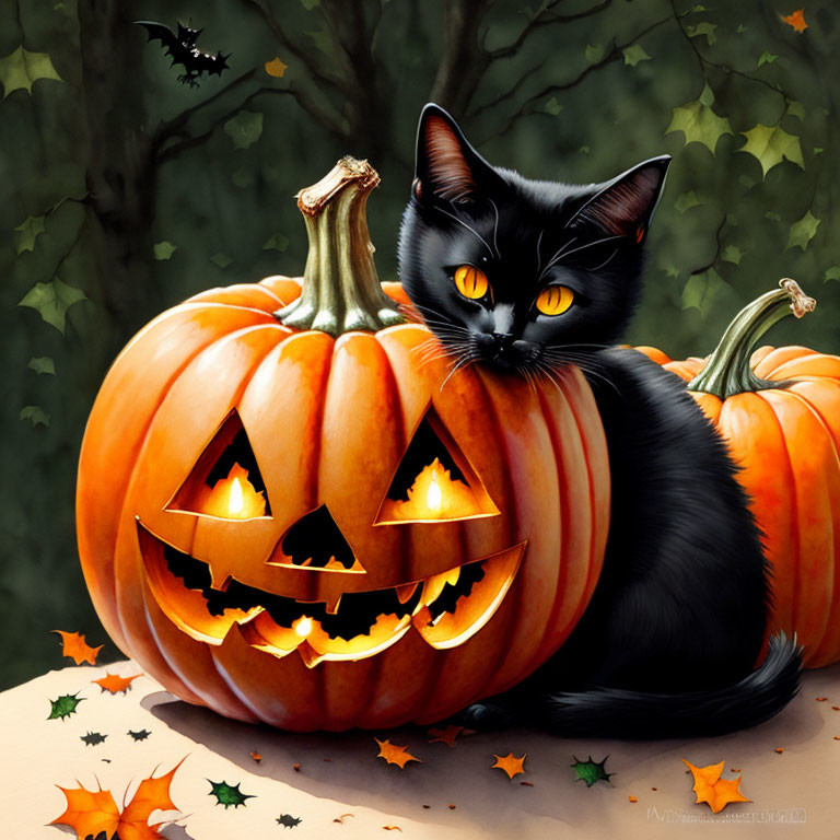 Black Cat with Carved Pumpkin, Autumn Leaves, Bats, and Bare Trees