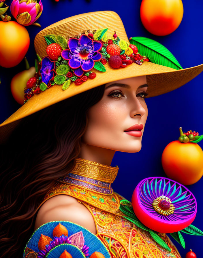 Colorful Floral Adorned Woman in Fruit-filled Blue Background