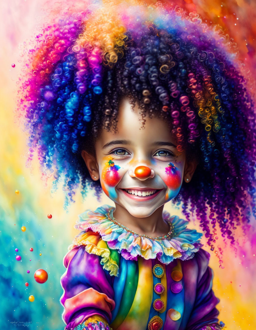 Child in colorful clown costume with rainbow afro on paint background