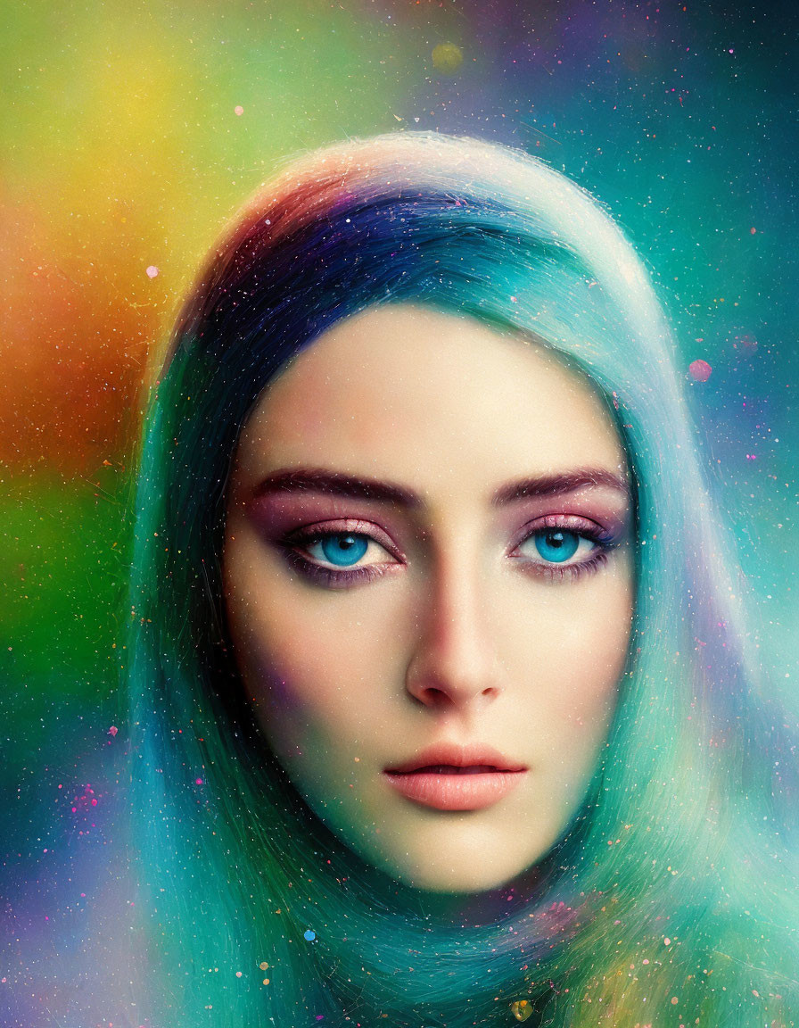 Portrait of Woman with Vivid Blue Eyes and Teal Headscarf Against Cosmic Background