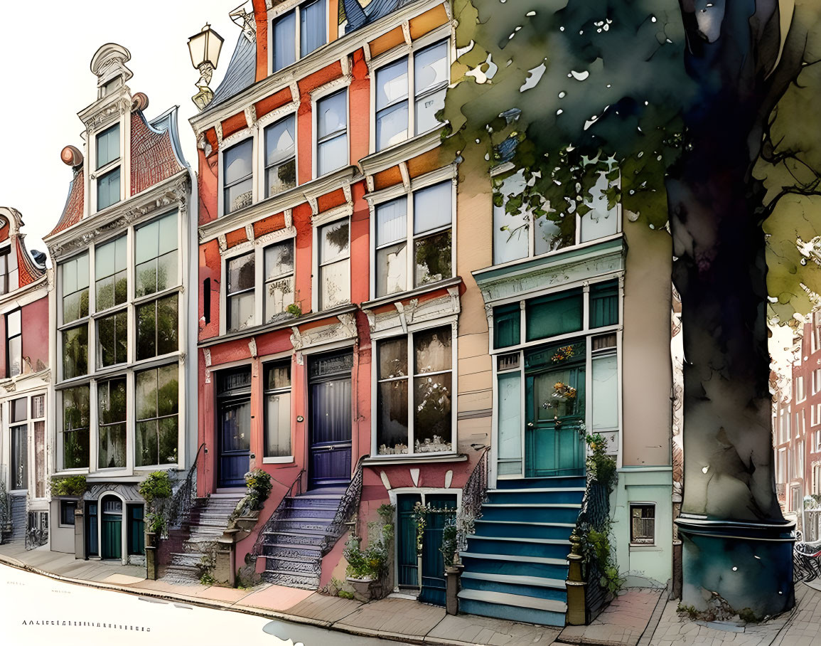 Colorful Illustration of Quaint Street with Detailed Facades